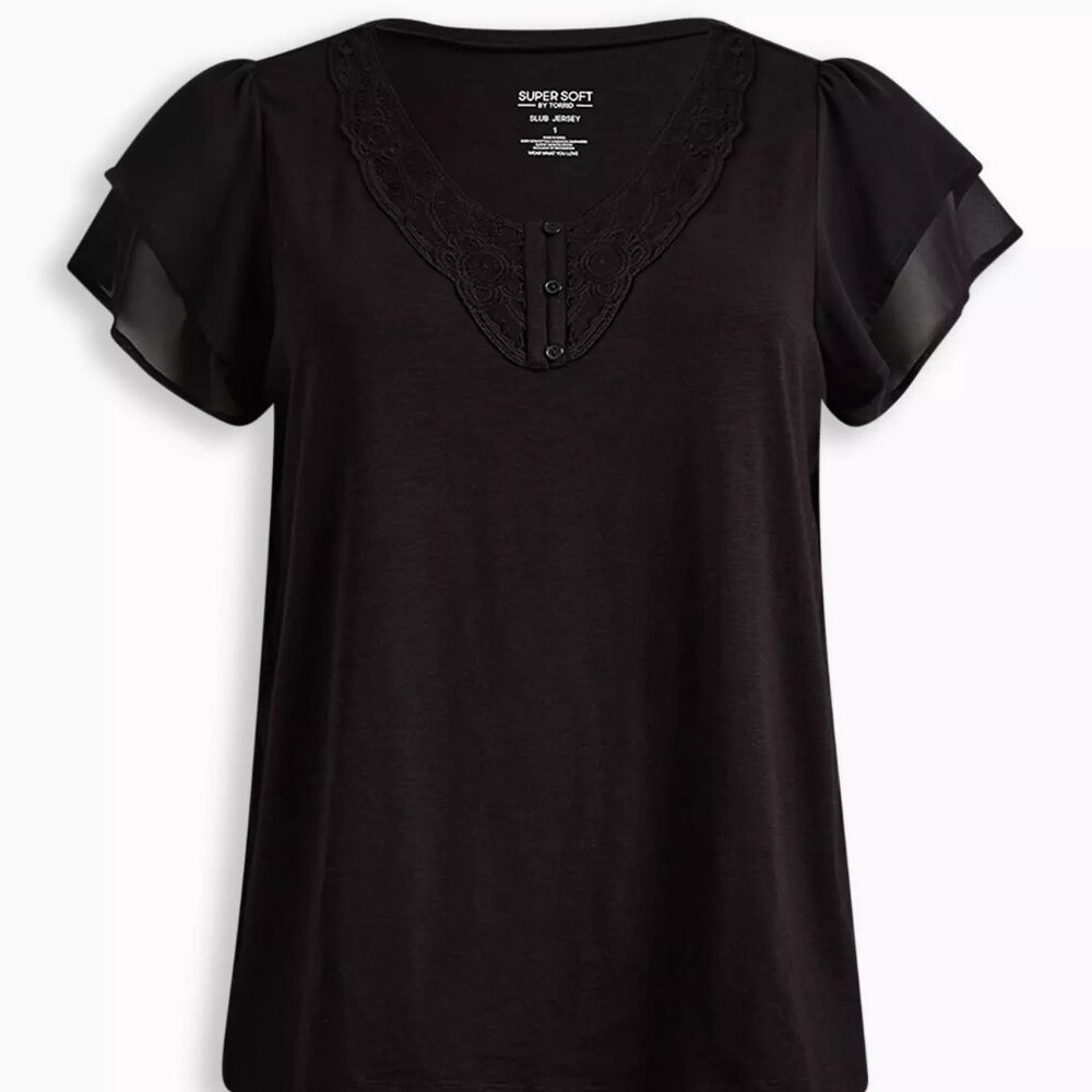 Torrid Super Soft Slub Crochet Inset Chiffon Flutter Sleeve Top